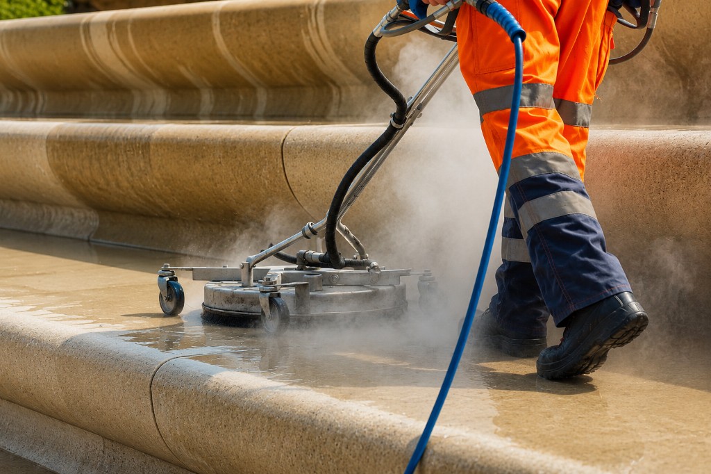 Pure Pro operator using professional surface cleaning equipment on exterior paving